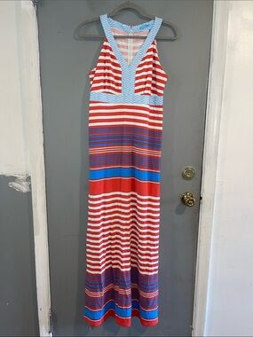 J.McLaughlin Maxi Dress Long Red Blue Cream Stripe Size S